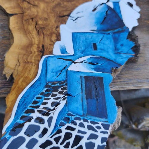 Wood artwork from olive root inspired by Santorini, new