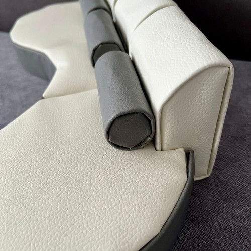 Designer white leather sofa with gray accent and cushions for Barbie