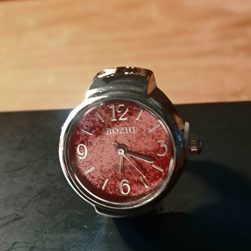 Ring watch quartz with red burgundy glitter dial and silver bracelet like new