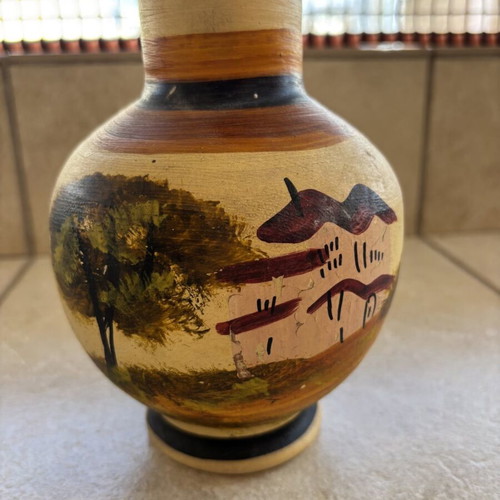 Vintage Handmade Clay Vase with Hand-Painted Landscape used