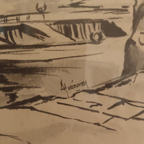 Watercolor painting with sailboats used, signed by D. Ioannou
