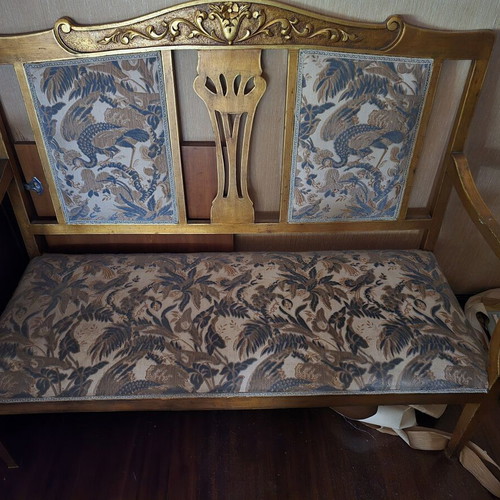 Handmade antique living room set with carved wood and fabric