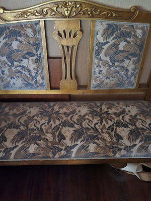 Handmade antique living room set with carved wood and fabric