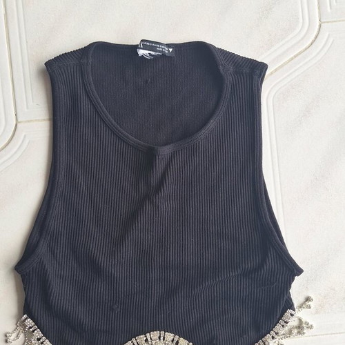Zara Black Ribbed Crop Top with Rhinestone Tassels size XS-S like new