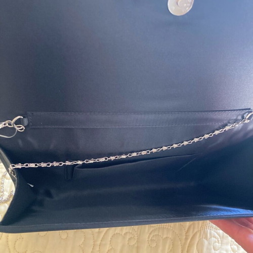 Satin clutch bag new, black with silver detail and chain