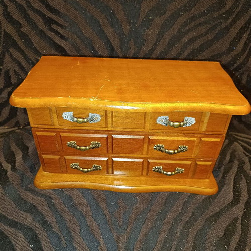 Wooden vintage jewelry box with mirror and drawers, brown