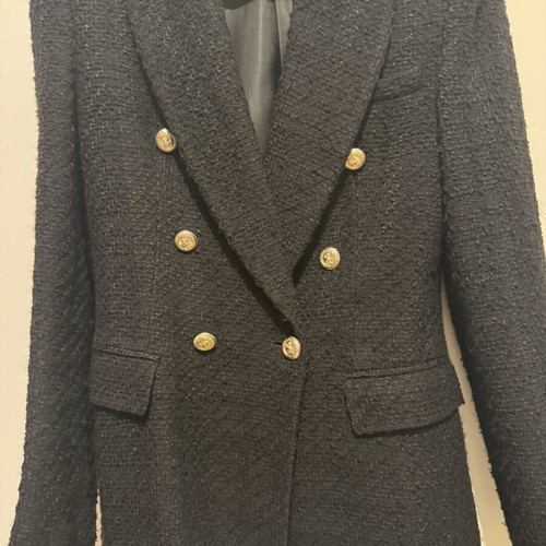 Zara tweed double-breasted blazer black with gold buttons like new