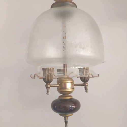 Vintage ceiling light used, 60s antique, wood, bronze and glass