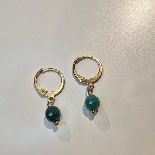 Steel hoop earrings new with green bead and gold-plated clasp
