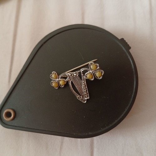 Vintage Irish brooch used, sterling silver with marble shamrocks