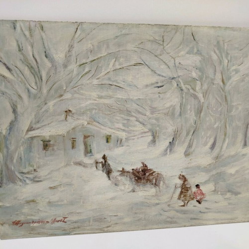 Oil painting snowy landscape used on plywood, old collectible 40x50