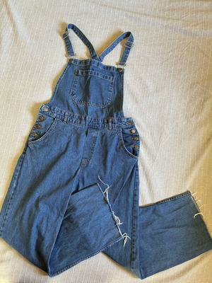 Wide Leg Denim Overalls Large, distressed raw hem, blue