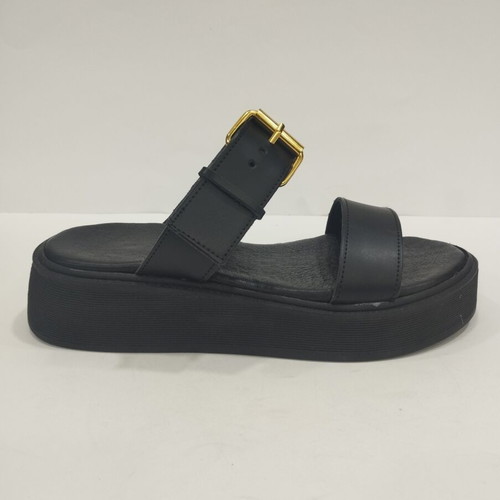 Black leather platform sandal with gold buckle, size 38