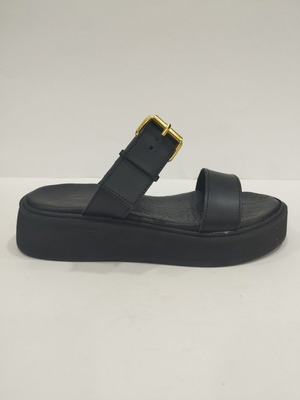 Black leather platform sandal with gold buckle, size 38