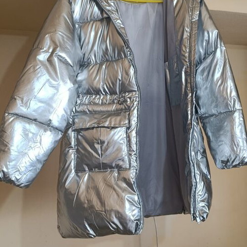 Reserved silver quilted girls' coat with detachable fur hood, like new