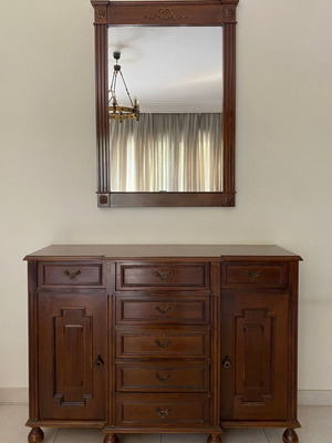 Vintage solid wood buffet with matching mirror