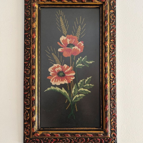 Vintage handmade embroidery framed artwork