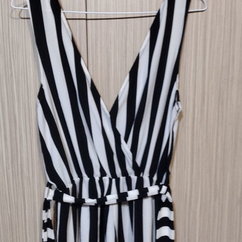 Striped polyester one-piece used, medium size with waist tie