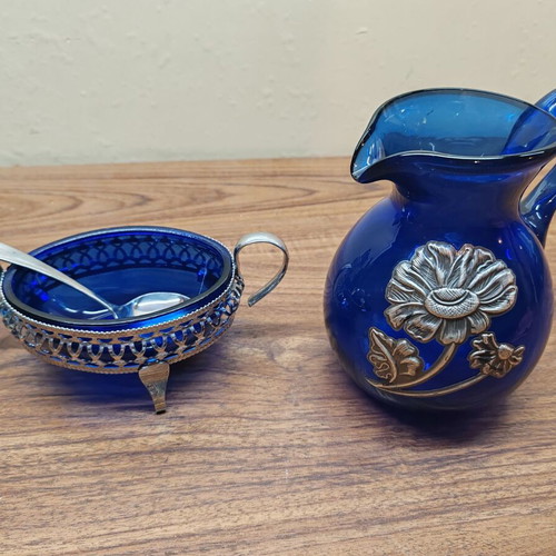 Set of blue blown glass jug and silver-plated fondue pot like new