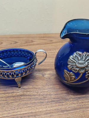 Set of blue blown glass jug and silver-plated fondue pot like new