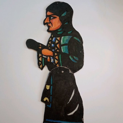 Shadow theatre figure old woman used, carved cardboard, painted