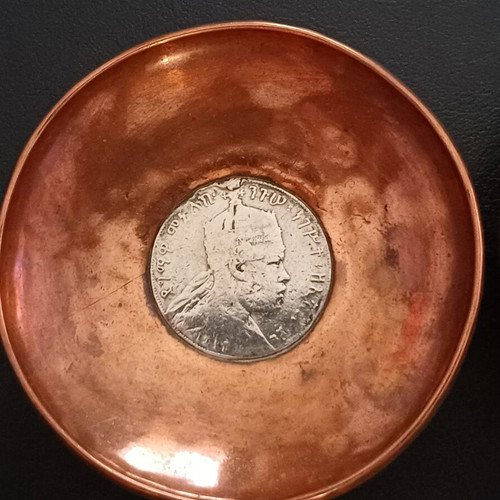 Vintage copper bowls set of 2 with silver 1 Birr coins Ethiopia Menelik II