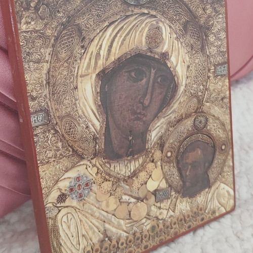 Panagia framed icon on wooden backing like new