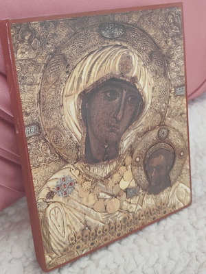 Panagia framed icon on wooden backing like new