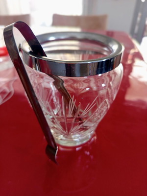 Vintage crystal glass ice bucket with metal handle and tongs like new