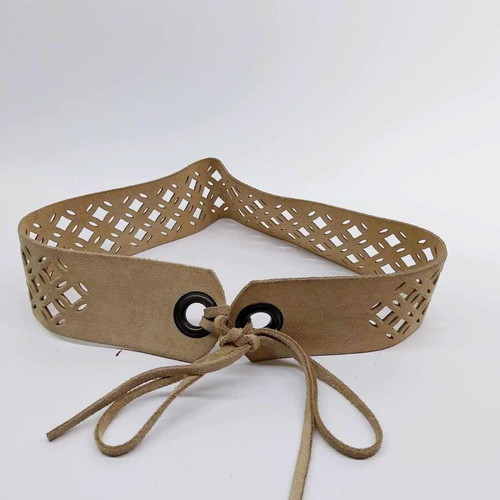 H&M natural suede belt used, beige with cutout decoration and ties