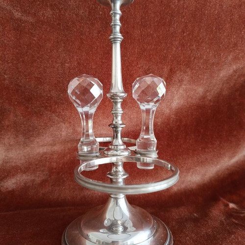 Vintage silver-plated oil and vinegar cruet set with crystal, like new