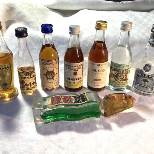 Greek liquor miniatures used, set of 8 bottles