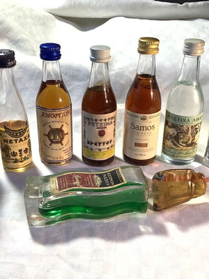 Greek liquor miniatures used, set of 8 bottles