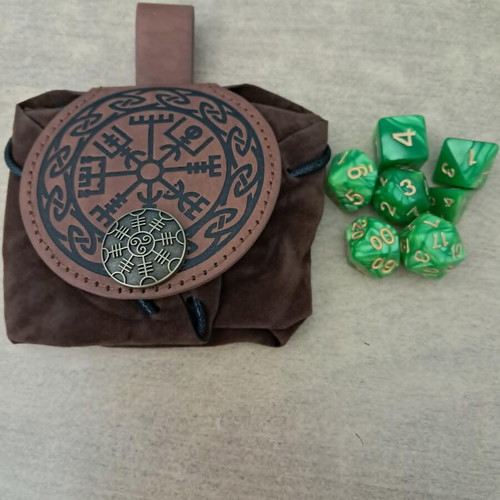 Round runic leather dice bag with green marbled D&D dice set