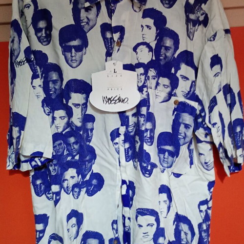 Mossimo Elvis Vintage Shirt New, Rayon, White and Blue, Size L