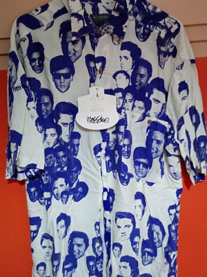 Mossimo Elvis Vintage Shirt New, Rayon, White and Blue, Size L