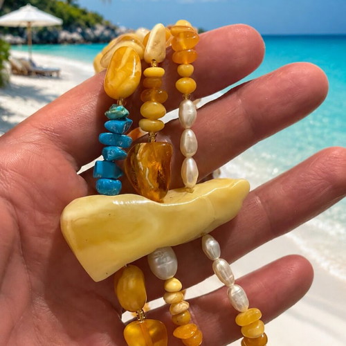 Handmade Amber Necklace with Turquoise and Pearls
