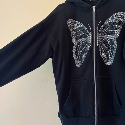 Black anorak with silver stone butterfly and hood size S like new, 100% cotton
