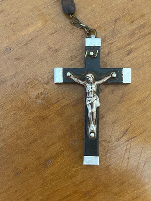 Prayer cross used, wood and silver vintage with Our Lady of Lourdes