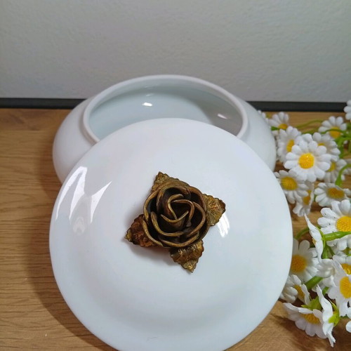 Vintage porcelain box with metal rose lid