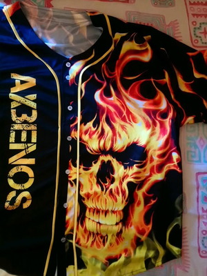 Baseball jersey 3XL new, athletic polyester with flaming skull design