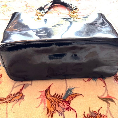 DKNY black PVC shoulder tote handbag with golden chain like new