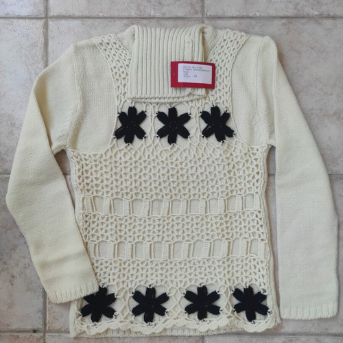 Knitted beige sweater with black flowers, boho style, size S