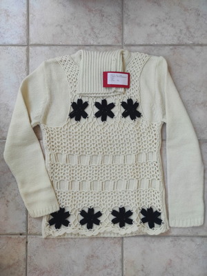 Knitted beige sweater with black flowers, boho style, size S