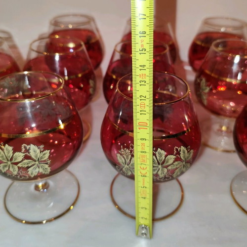 Cognac glasses used, pack of 11, red with gold and green design
