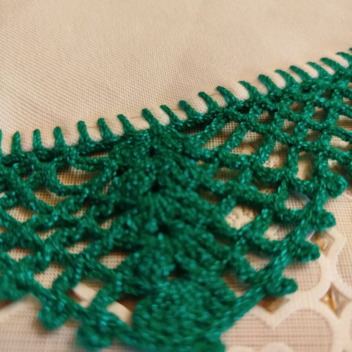 Christmas handmade vintage tablecloth used with embroidery and knitted border