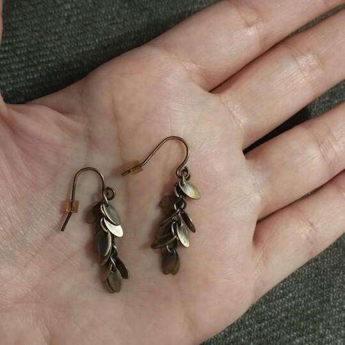 Boho hanging earrings with layered leaves, new, antique bronze