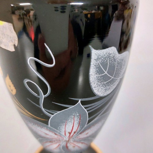 Vase 22 cm black opaline with white flowers used vintage