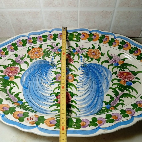 Oval Greek handmade ceramic platter with peacock design like new