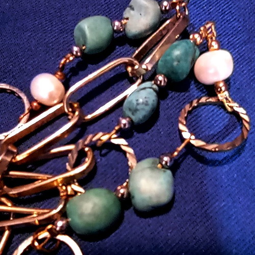 Necklace with natural turquoise and freshwater pearls, gold-plated stainless steel, 52 cm